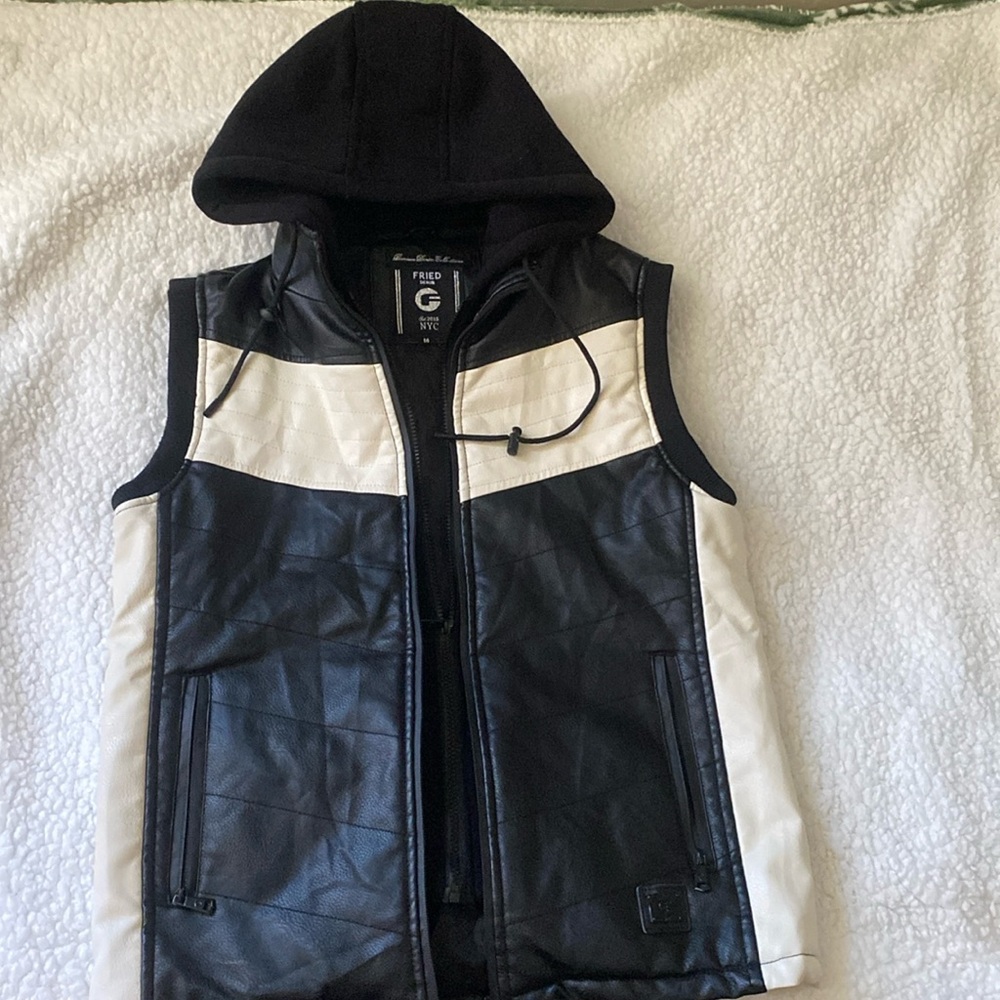 Men’s faux/PU leather vest with detachable hood | Size Medium PU Leather [vegan]
